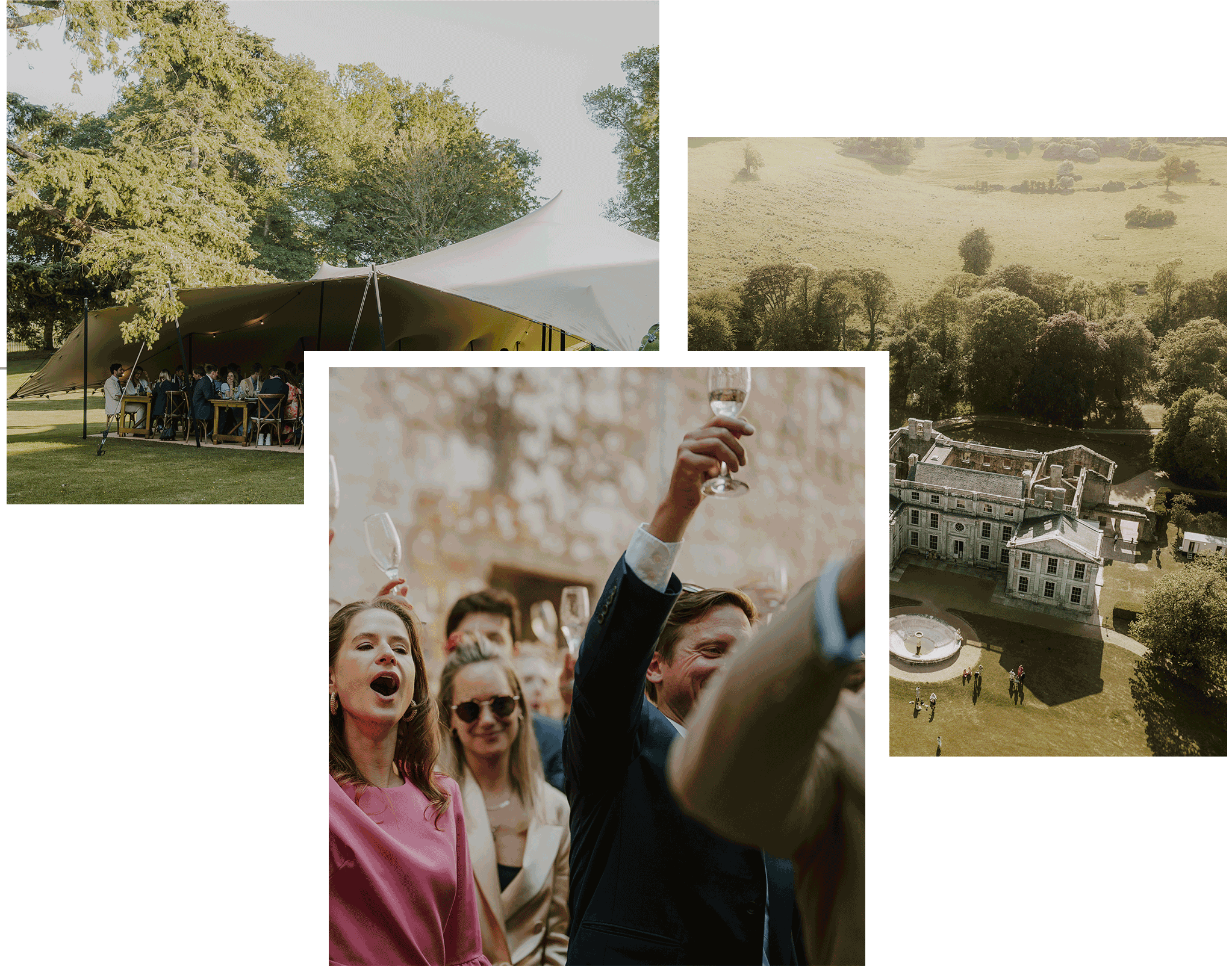 Isle of Wight wedding collage: guests dining under a stretch tent, a champagne toast in a stone doorway, an aerial view of a manor house
