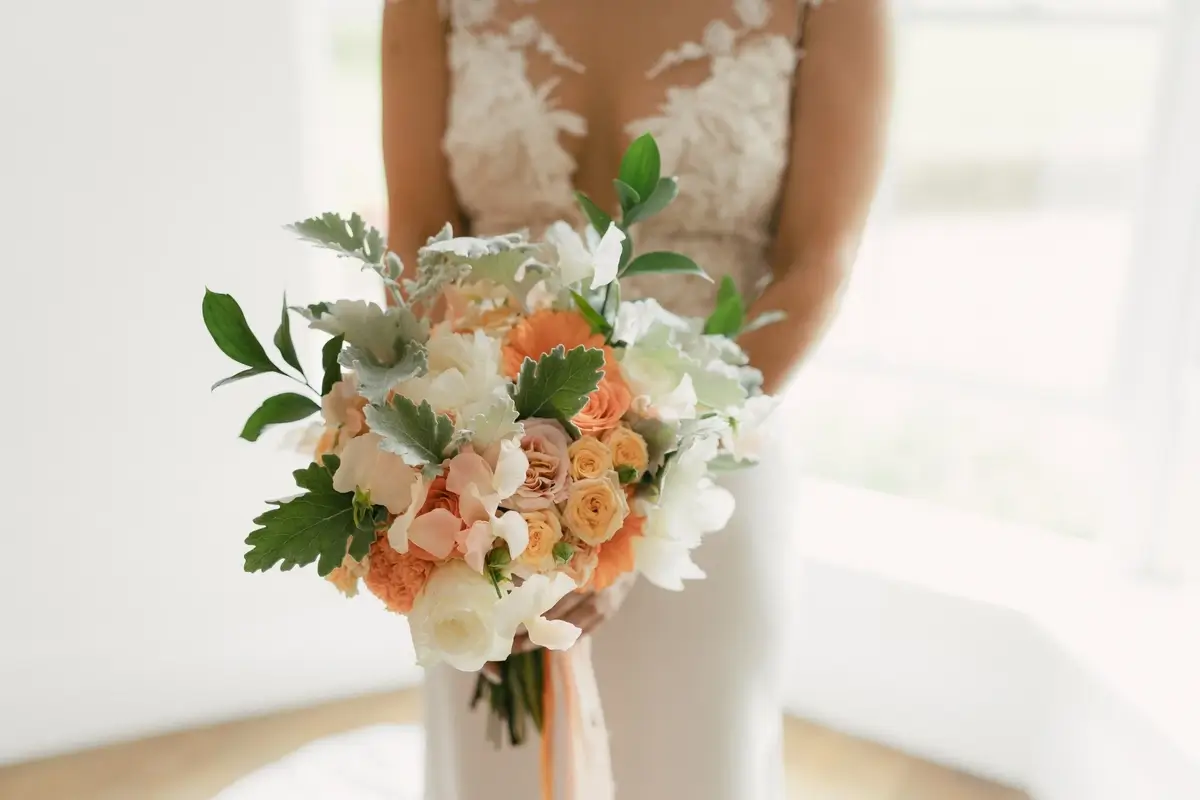 A close crop of the bride's bouquet against her lace gown, peach roses and sweet peas among silvery foliage