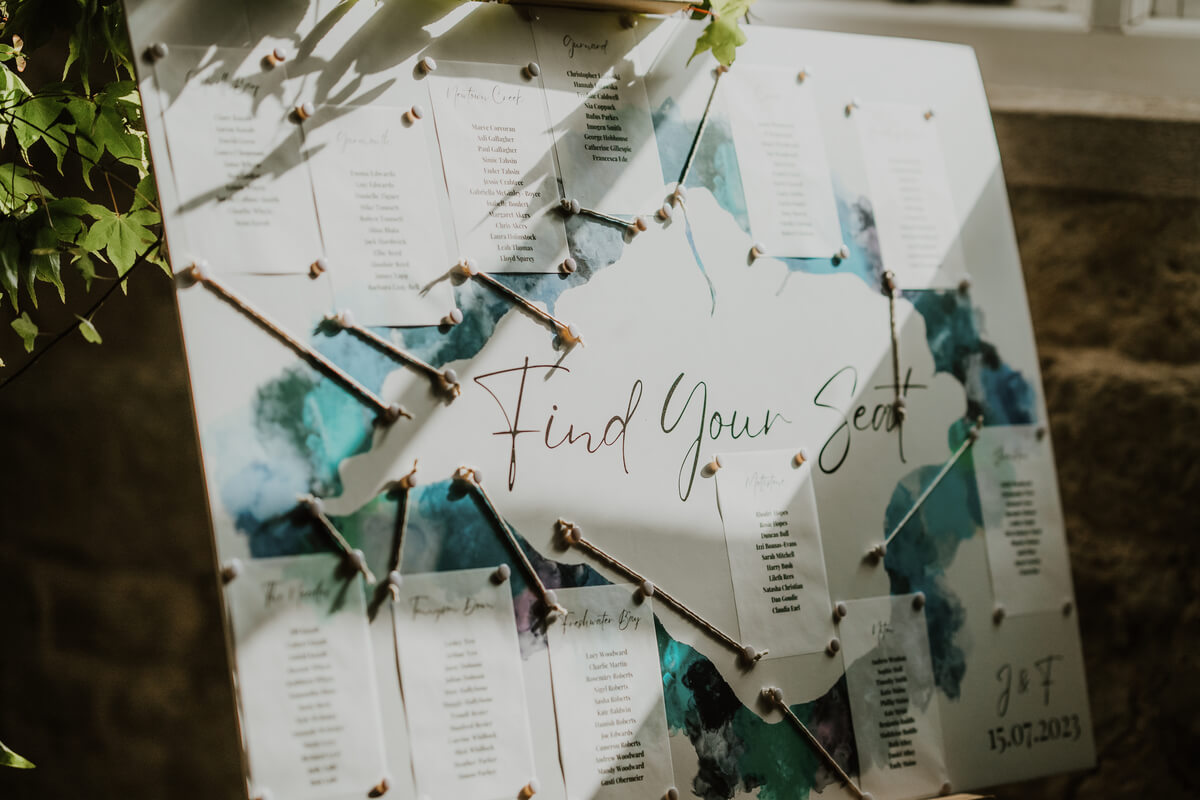 Find Your Seat seating chart with blue watercolour backdrop displayed on an easel