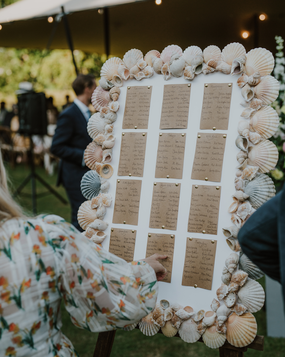 Guests viewing a seating plan bordered with seashells displayed on an easel under the tent