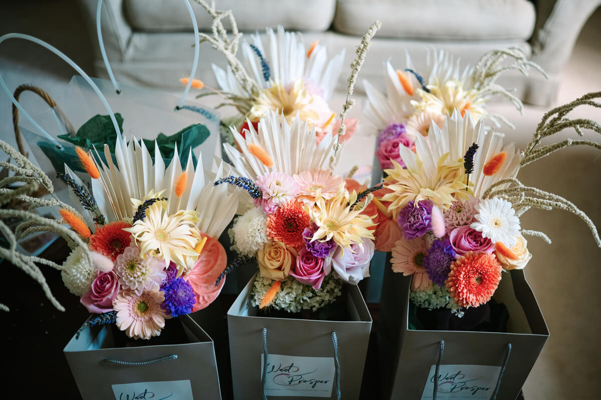 Bridal bouquets in pink, coral and blue