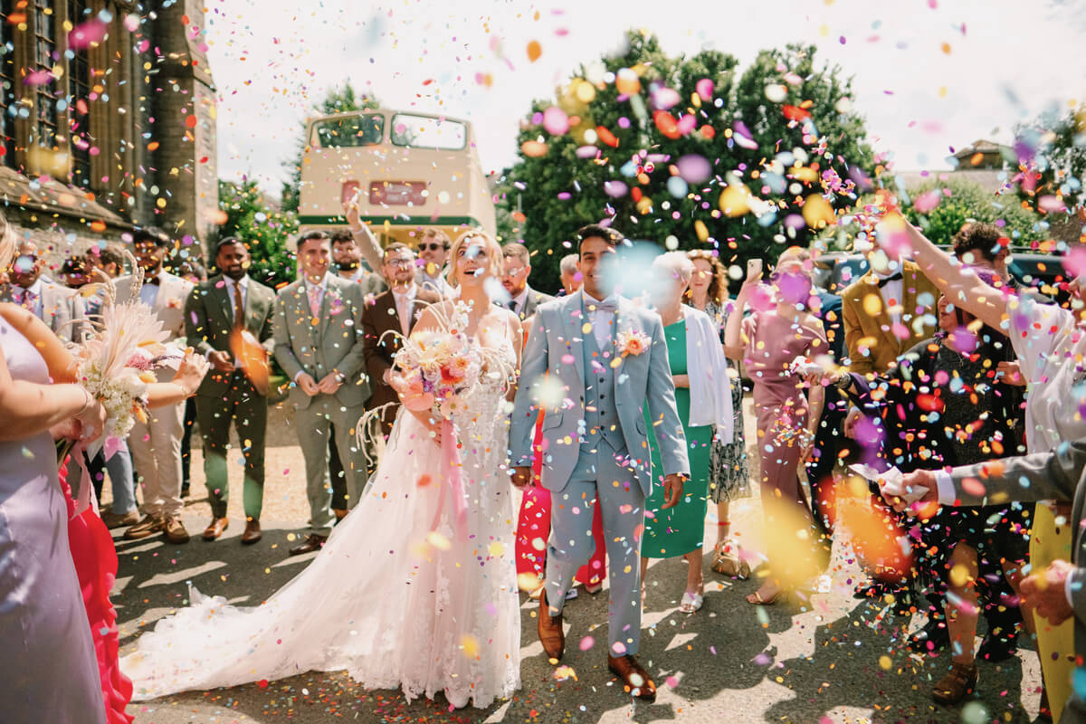 Confetti celebration in the gardens at Barton Manor